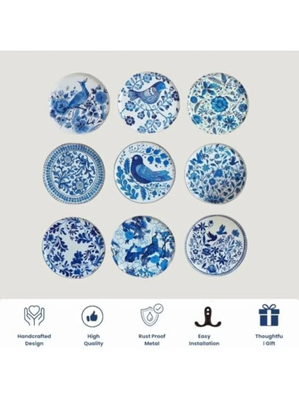 Set of 9 Blue & White Delft Wall Plates | 10” Dutch Art Decor | Windmill & Tulip